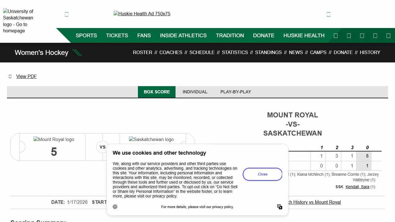 Women's Hockey vs Mount Royal Cougars on 1/17/2026 - Box Score - Huskie Athletics
