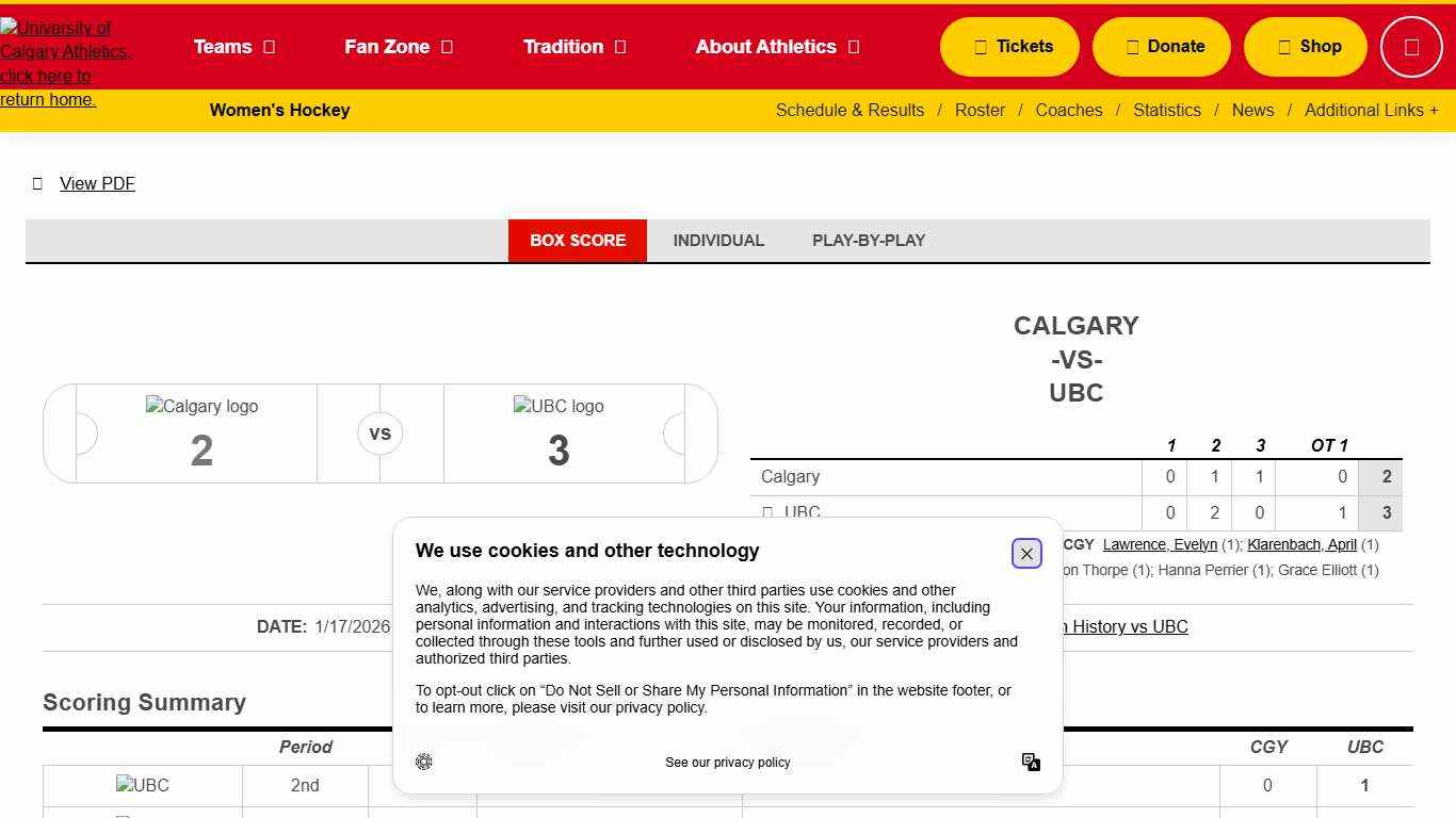 Women's Hockey vs UBC on 1/17/2026 - Box Score - University of Calgary Athletics